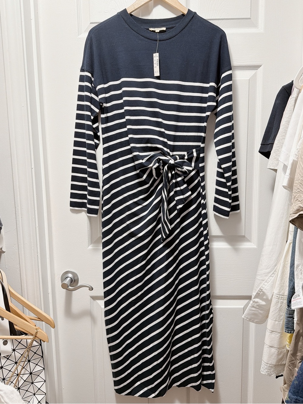 Madewell Navy and White Striped Tie-Front Midi Dress
